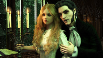 Картинка 3д+графика ужас+ horror девушка мужчина фон свеча