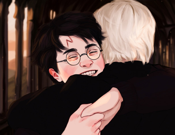 Обои картинки фото рисованное, кино,  мультфильмы, гарри, поттер, драко, малфой, объятия, радость