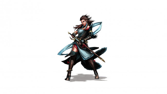 Обои картинки фото рисованное, комиксы, девушка, фон, взгляд, униформа, меч