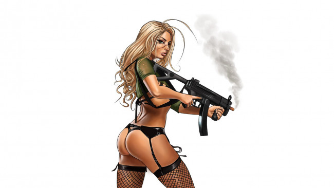 Обои картинки фото рисованное, люди, девушка, фон, взгляд, автомат, чулки, levi hinton