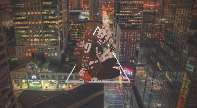 Обои картинки фото аниме, город,  улицы,  интерьер,  здания, девушка