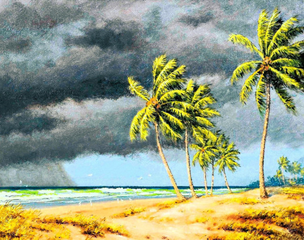 Обои картинки фото рисованное, albert ernest backus, пальмы, тучи, море, берег, ветер