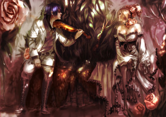 Картинка by genki de фэнтези люди платье костюм скрипка розы девушка мужчина