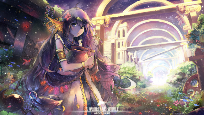 Обои картинки фото аниме, *unknown, другое, цветы, платье, девушка, ушки