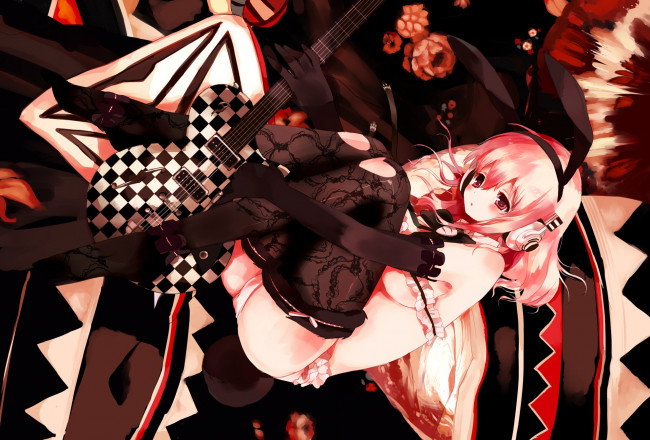 Обои картинки фото аниме, super, sonico, ушки, девушка, чулки, гитара, наушники