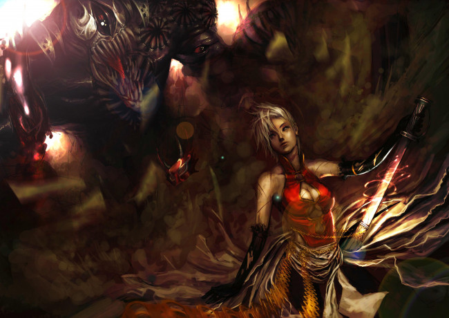 Обои картинки фото by, genki, de, фэнтези, красавицы, чудовища, девушка, чудовище, меч