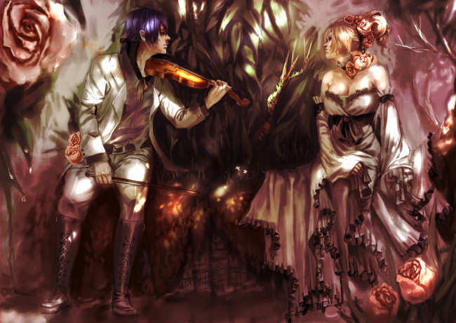 Обои картинки фото by, genki, de, фэнтези, люди, платье, костюм, скрипка, розы, девушка, мужчина