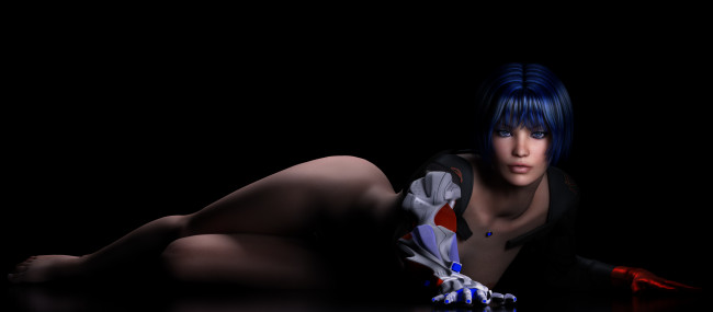 Обои картинки фото 3д, графика, people, люди, поза, черный, фон, лицо, взгляд, веснушки, девушка, рендеринг, тело, рука, робот, синие, волосы