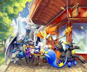 Картинка аниме pokemon улица зелень дерево столик кафе разные девушка арт покемон