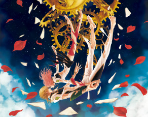 Картинка аниме code+geass звезды облака лепестки парень падение код гиас девушка небо механизм