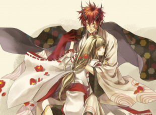 Картинка аниме hiiro+no+kakera арт рога девушка парень алые осколки onizaki takuma kasuga tamaki hiiro no kakera кимоно демон