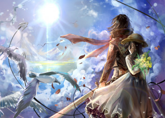 Картинка аниме shingeki+no+kyojin соломенная шляпа живопись океан горы свет солнце платье двое девочка mikasa ackerman девушка облака небо чайки птицы шарф обмундирование трос лезвие оружие цветы букет