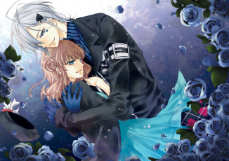 Картинка аниме amnesia пиджак лепестки рубашка улыбка девушка пара парень перчатки роза платье ikki