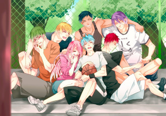 Картинка аниме kuroko+no+baske парни мяч murasakibara atsushi midorima shintarou akashi seijuurou улыбка радость kuroko tetsuya aomine daiki kise ryouta настроение девушка momoi satsuki