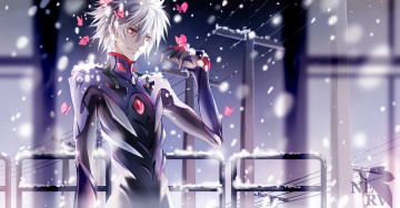 Картинка аниме evangelion neon genesis nagisa kaworu парень снег бабочки провода столбы улыбка