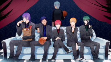 Картинка аниме kuroko+no+baske мяч akashi seijuurou murasakibara atsushi перчатки парни галстук midorima shintarou kuroko tetsuya костюм aomine daiki kise ryouta диван