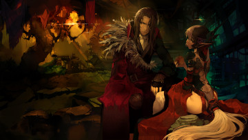 Картинка аниме *unknown+ другое костюм платье девушка парень эльфийка город дома плащ яблоко