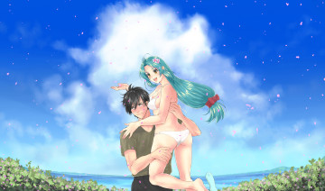 Картинка аниме full+metal+panic стальная тревога full metal panic chidori kaname sagara sousuke девушка парень бикини море цветы лепестки радость смущение небо облака