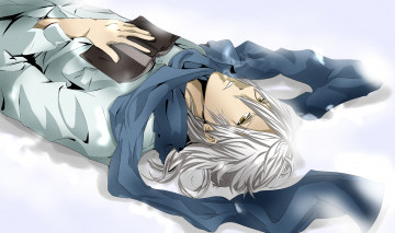 Картинка аниме psycho-pass шарф рубашка зима белые волосы золотые глаза книга парень снег