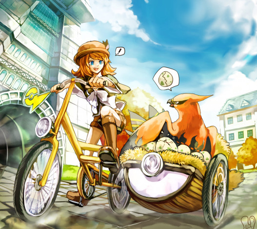 Обои картинки фото аниме, pokemon, велосипед, общение, едут, небо, облака, здания, яйца, покемон, девушка, птица