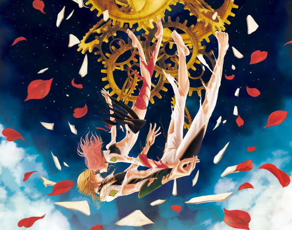 Обои картинки фото аниме, code geass, звезды, облака, лепестки, парень, падение, код, гиас, девушка, небо, механизм