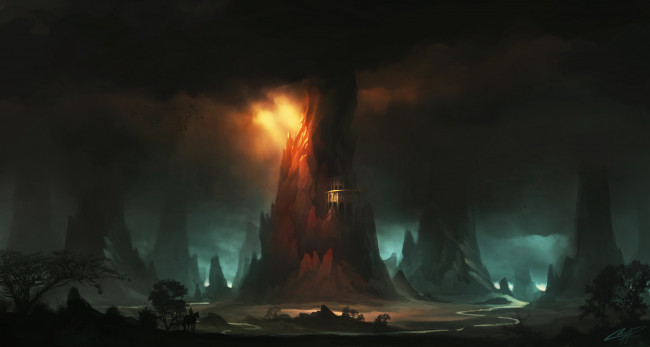 Обои картинки фото фэнтези, иные миры,  иные времена, иной, скалы, всадник, ручей, мир, тучи