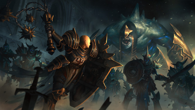 Обои картинки фото видео игры, diablo iii,  reaper of souls, бой, искры, воин, мужик, оружие, щиты, игра, монстр, орк