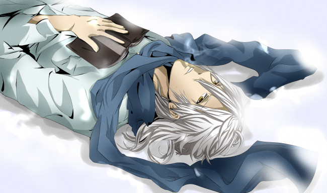 Обои картинки фото аниме, psycho-pass, шарф, рубашка, зима, белые, волосы, золотые, глаза, книга, парень, снег