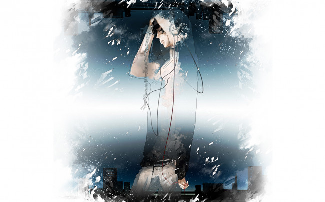 Обои картинки фото аниме, -headphones & instrumental, цепь, город, наушники, парень