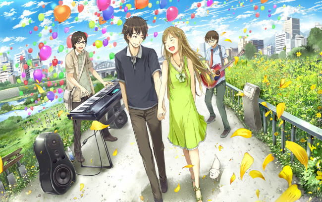 Обои картинки фото аниме, -headphones & instrumental, девушка, парень, воздушные, шарики, собака, гитара, музыкальные, инструменты, свидание, смех, цветы, лепестки