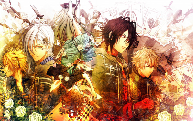 Обои картинки фото аниме, amnesia, розы, ножи, парни, карты