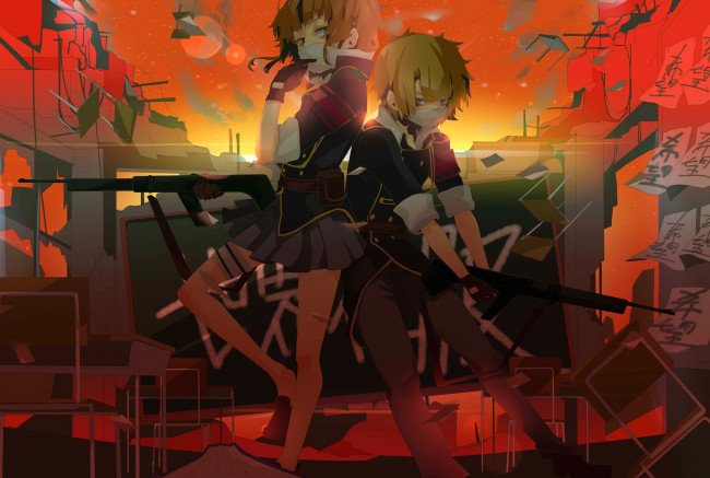 Обои картинки фото аниме, -weapon,  blood & technology, закат, класс, школа, оружие, девушка, парень, арт