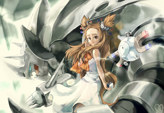 Обои картинки фото аниме, pokemon, белое, платье, покебол, магнемайты, шатенка, взгляд, девушка, арт, покемон