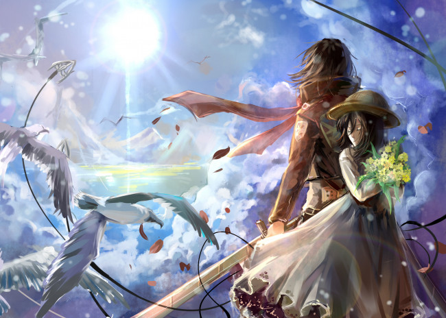 Обои картинки фото аниме, shingeki no kyojin, соломенная, шляпа, живопись, океан, горы, свет, солнце, платье, двое, девочка, mikasa, ackerman, девушка, облака, небо, чайки, птицы, шарф, обмундирование, трос, лезвие, оружие, цветы, букет
