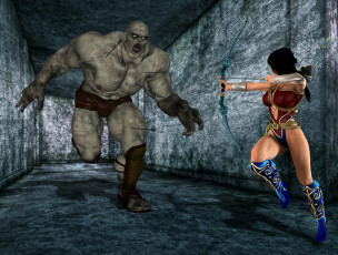 Картинка 3д+графика фантазия+ fantasy девушка взгляд фон лук монстр