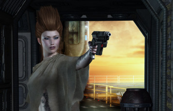 Картинка 3д+графика люди+ people девушка взгляд фон оружие