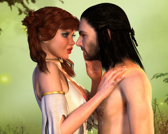 Обои картинки фото 3д графика, романтика , romantics, девушка, взгляд, фон, мужчина