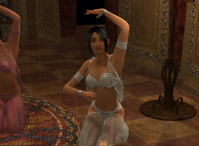 Обои картинки фото 3д графика, фантазия , fantasy, трон, танец, фон, девушки, взгляд