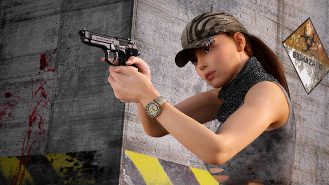 Обои картинки фото 3д графика, фантазия , fantasy, девушка, взгляд, фон, оружие