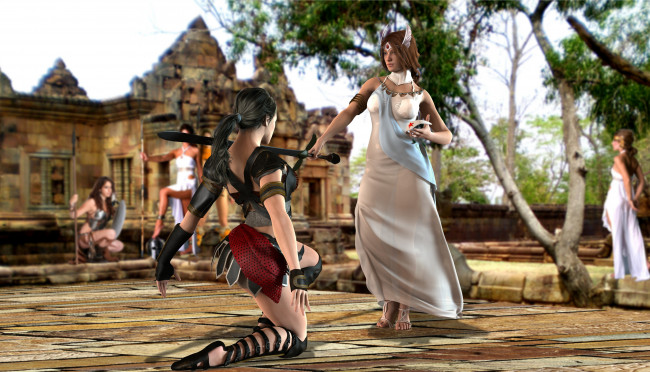 Обои картинки фото 3д графика, амазонки , amazon, девушки, взгляд, фон, оружие, посвящение, воительницы