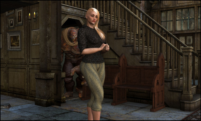 Обои картинки фото 3д графика, фантазия , fantasy, демон, фон, взгляд, девушка