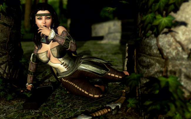 Обои картинки фото 3д графика, амазонки , amazon, девушка, взгляд, фон, лук, лес
