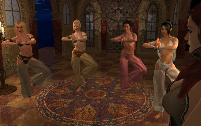 Обои картинки фото 3д графика, фантазия , fantasy, девушки, трон, танец, фон, взгляд