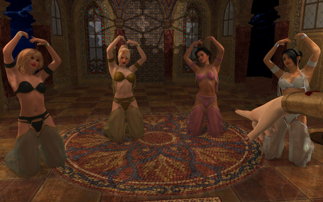 Обои картинки фото 3д графика, фантазия , fantasy, танец, фон, взгляд, девушки