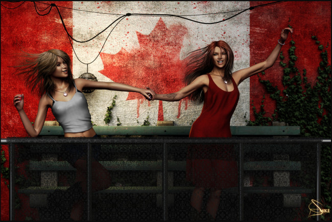 Обои картинки фото 3д графика, люди , people, девушки, взгляд, фон, улыбка, граффити