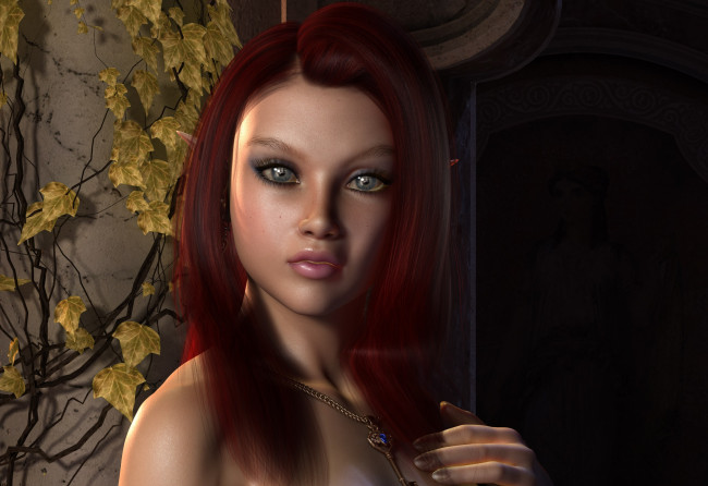Обои картинки фото 3д графика, эльфы , elves, эльфийка, взгляд, фон, рыжая, ключик