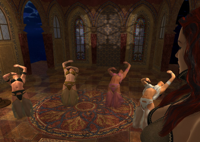 Обои картинки фото 3д графика, фантазия , fantasy, танец, фон, взгляд, девушки, трон