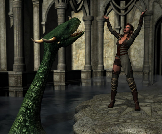 Обои картинки фото 3д графика, фракталы , fractal, дракон, фон, взгляд, девушка