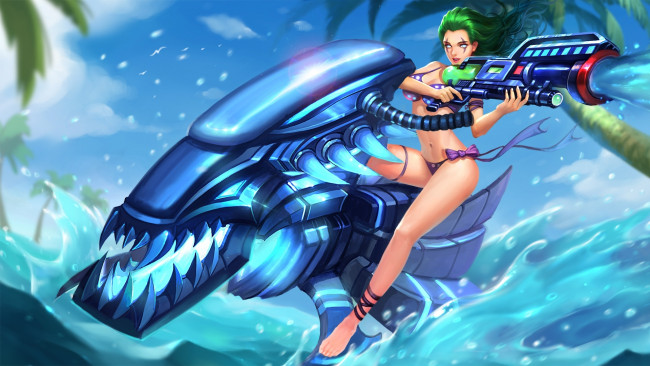 Обои картинки фото видео игры, heroes of newerth, archer, songkran, forsaken, hon, пушка, вода, море, девушка, bike, heroes, of, newerth