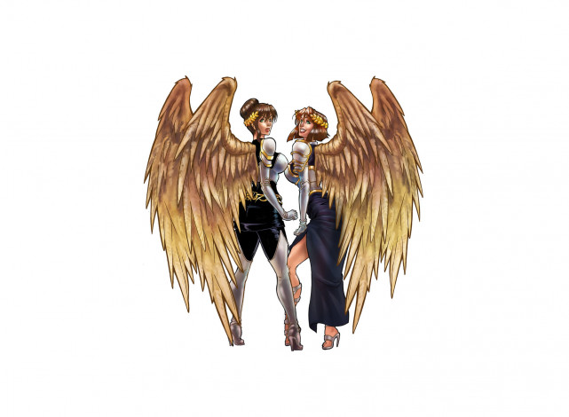 Обои картинки фото рисованное, комиксы, фон, крылья, улыбка, девушки, взгляд